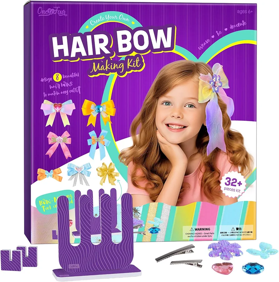 ONE TO FOUR Hair Bow Making Kit for Girls - DIY Fashion Bows for Kids - Hair Accessories Girls Crafts - Jewelry Arts & Crafts Gift for Ages 5-12 Year Old Girl - Toys Birthday Gifts Ideas