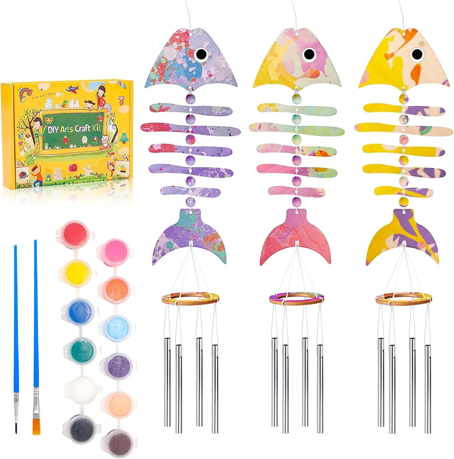 3 Pack Wind Chime Kit, Make Your Own Fish Bone Wind Chime, Wooden Arts Crafts for Girls Boys Ornaments DIY, Coloring Craft for Art Activity Birthday Party Decoration Supplies