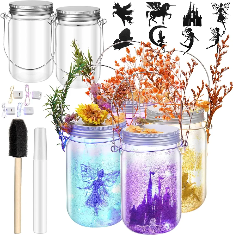 FoldTier 4 Sets Fairy Lantern Craft Kit, Birthday Gift for Girls, Mason Jar, Battery Operated Night Light String, DIY Fairy Decorations Art Project Garden Creative Activities Fairy Toys Crafts
