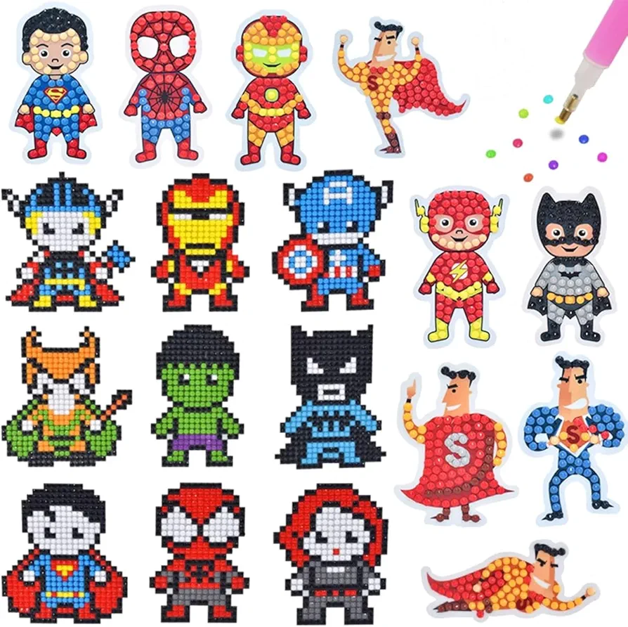 SHOWERRING 5D DIY Diamond Art Stickers Kits for Kids,Cartoon Gem Digital Art Painting Stickers Mosaic Craft Kit (Super Hero)