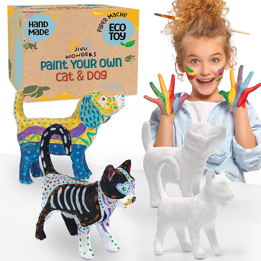 Jivu Wonders Paper Mache Cat & Dog Figures for Adults & Kids Crafts Sustainable Craft Supplies to Paint Personalize Decorate Handmade & Ready to Paint Cat & Dog Figurines DIY Crafts for Boys and Girls