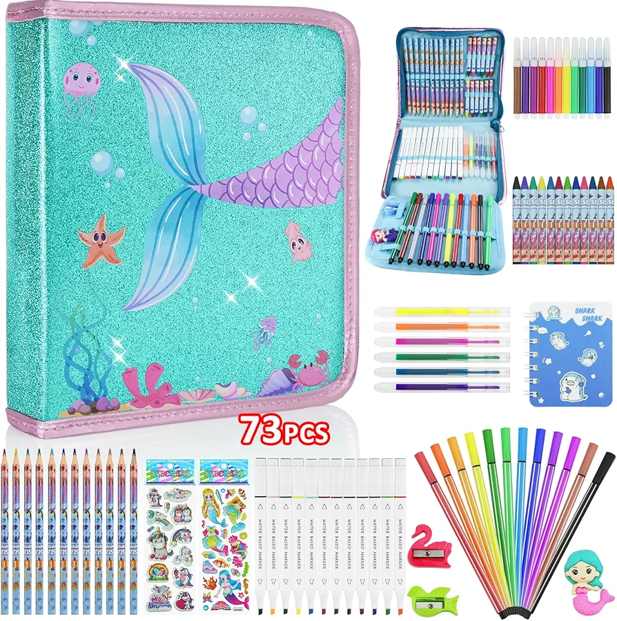 UHdod Gifts for Girls Markers Set 73 Pcs with Glitter Mermaid Pencil Case Art Supplies for Kids, Mermaid Toy Art Craft Coloring Set for Kids 4 5 6 7 8 9 Birthday Christmas Back to School Gifts