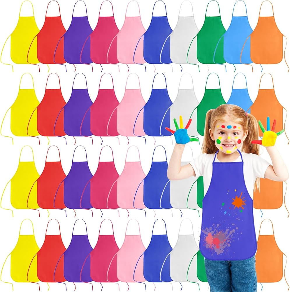 KUUQA 16/24/30/36/40 Pack Kids Art Aprons Bulk Children Painting Aprons Art Smocks for Classroom Painting Party Supplies