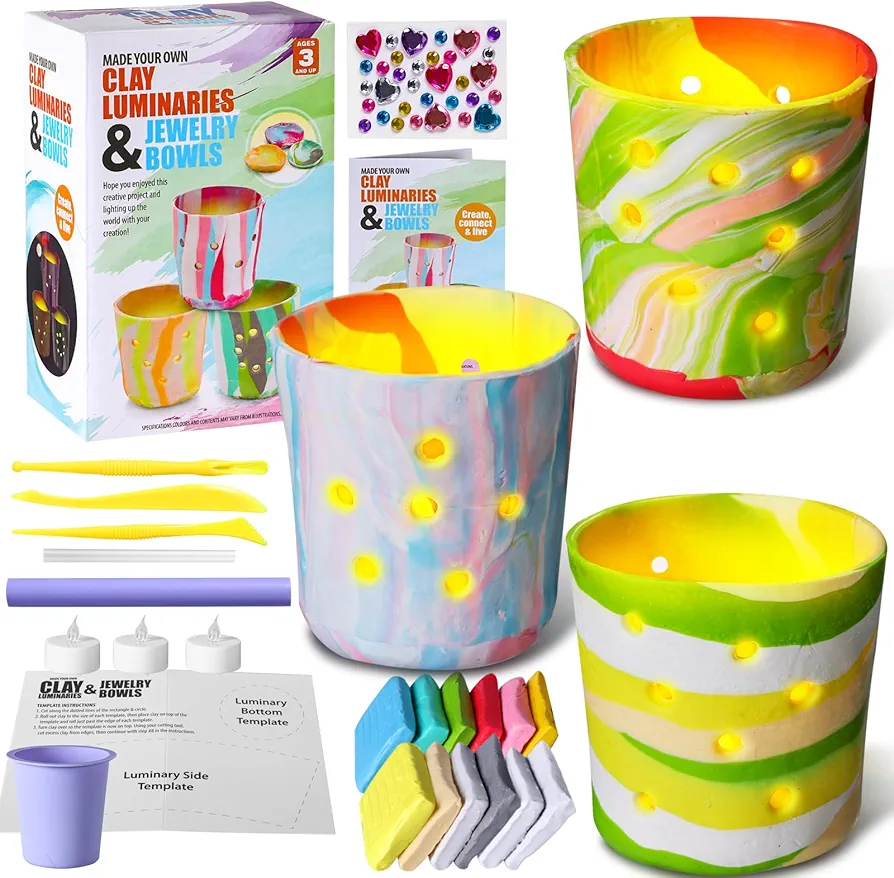 Make Your Own Clay Luminaries - Light-up Clay Lanterns Arts and Air Dry Clay Kits for Kids Age 8-12, DIY Clay Luminaries Make 3 Clay Lantern, Crafts Kit Gifts for Kids Girls Teens Ages 6 7 8 9 10 11