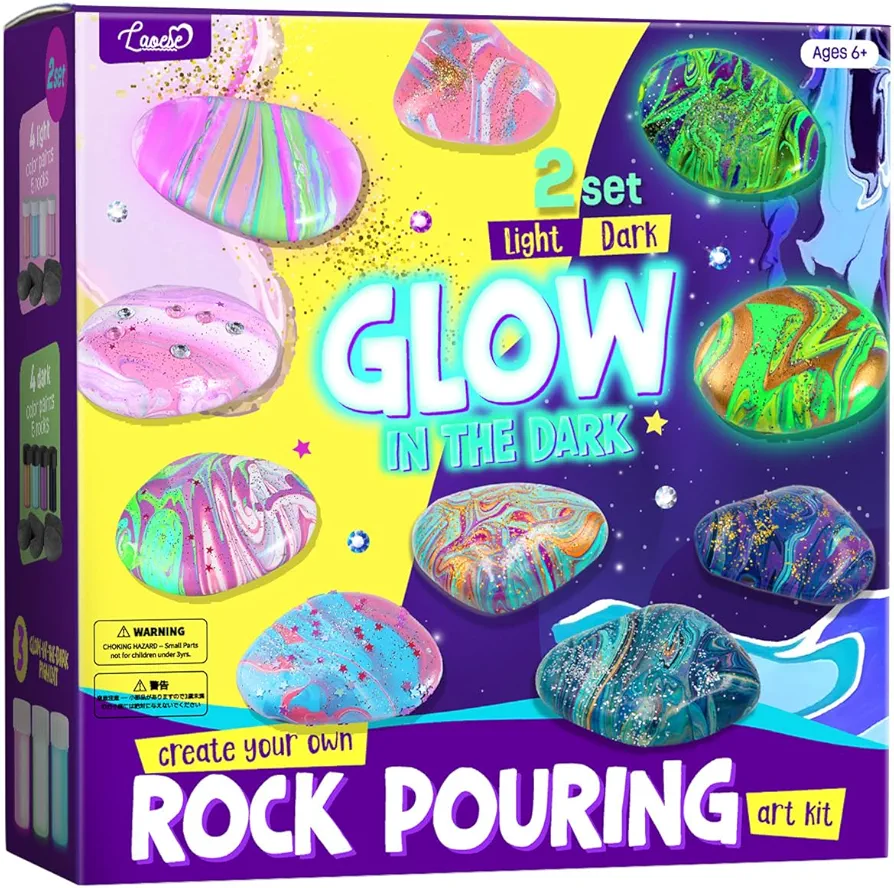 LAOESE 2 in 1 Rock Painting Pour Art Kit - Glow in The Dark Rock Kit, Arts and Crafts for Kids 6-8, Kids Craft Art Supplies, Painting Kit Summer Toys, Birthday Gift for Boys & Girls Age 6 7 8 9 10+