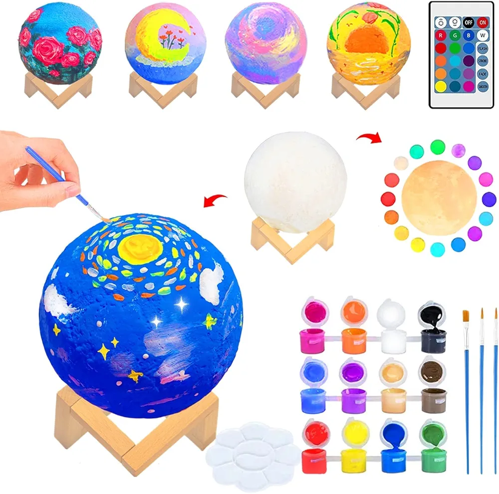 Moon Lamp Night Light Arts and Crafts for Kids Ages 4-8 8-12, Paint Your Own Moon Lamp Kit, 16 Colors, Rechargeable, Remote/Touch Control, Painting Kit for Halloween Decor