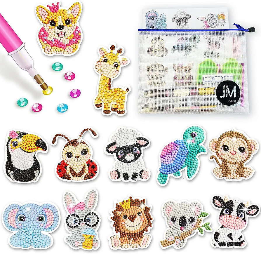 JM House 5D Diamond Painting Stickers Kits for Kids, 12Pcs Animals Gem Diamond Art for Kids,DIY Mosaic Stickers with Dots, Arts and Crafts Best Tween Gifts for Boys and Girls Age 4-6,6-8,8-10