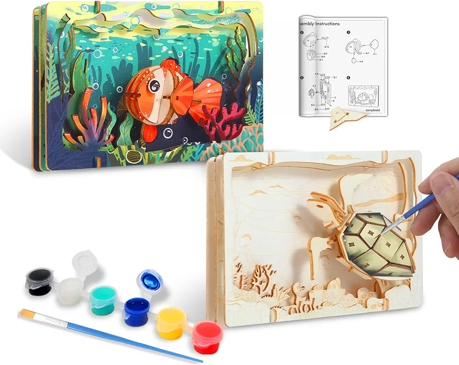 LukiWit DIY Crafts Kit for Kids Build & Paint Your Own Wooden Craft - Sea Turtle, Fish with Unique Story Backdrop 2 Pack Wood Art Craft Set Painting Activity for Boy & Girl Ages 6 7 8 and Up