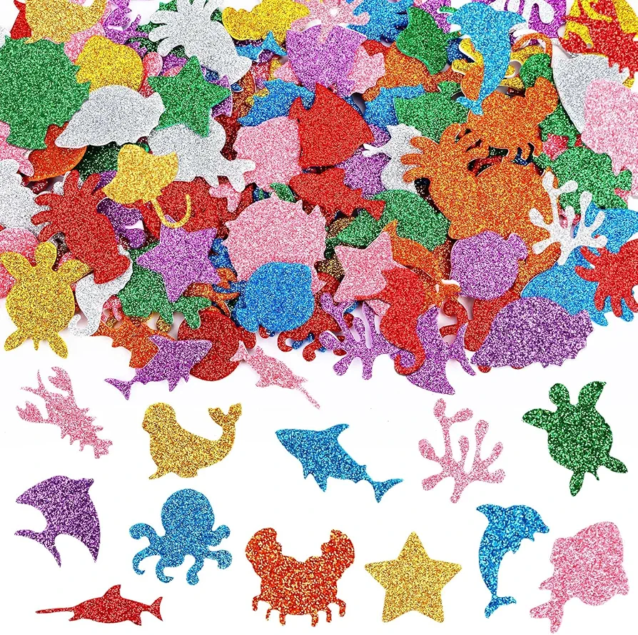 JULBEAR 300 Pieces Glitter Sea Animal Foam Stickers, Colorful Ocean Sea Fish Foam Stickers Bulk Self-Adhesive for Arts Crafts Ocean Theme Party Favors Decoration Home DIY Supplies