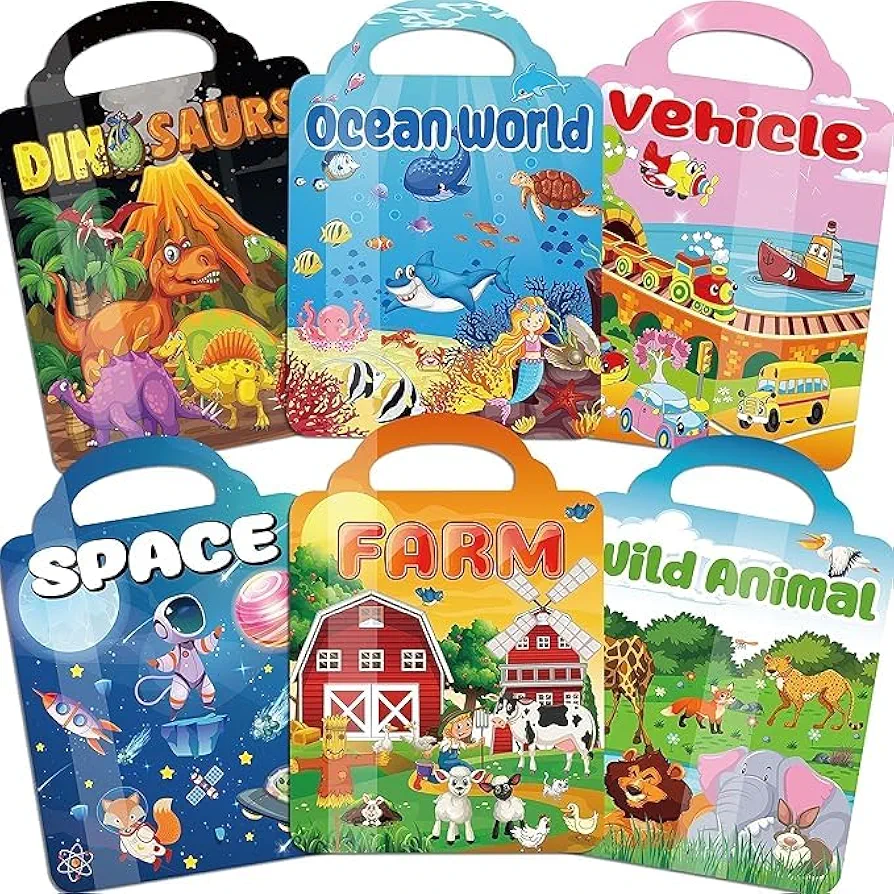 6Set Puffy Sticker Books for Kids 2-4, 3D Reusable Stickers Books for Toddlers 1-3,2-4,Farm+Animal+Dinosaurs+Ocean World+Space+Vehicle