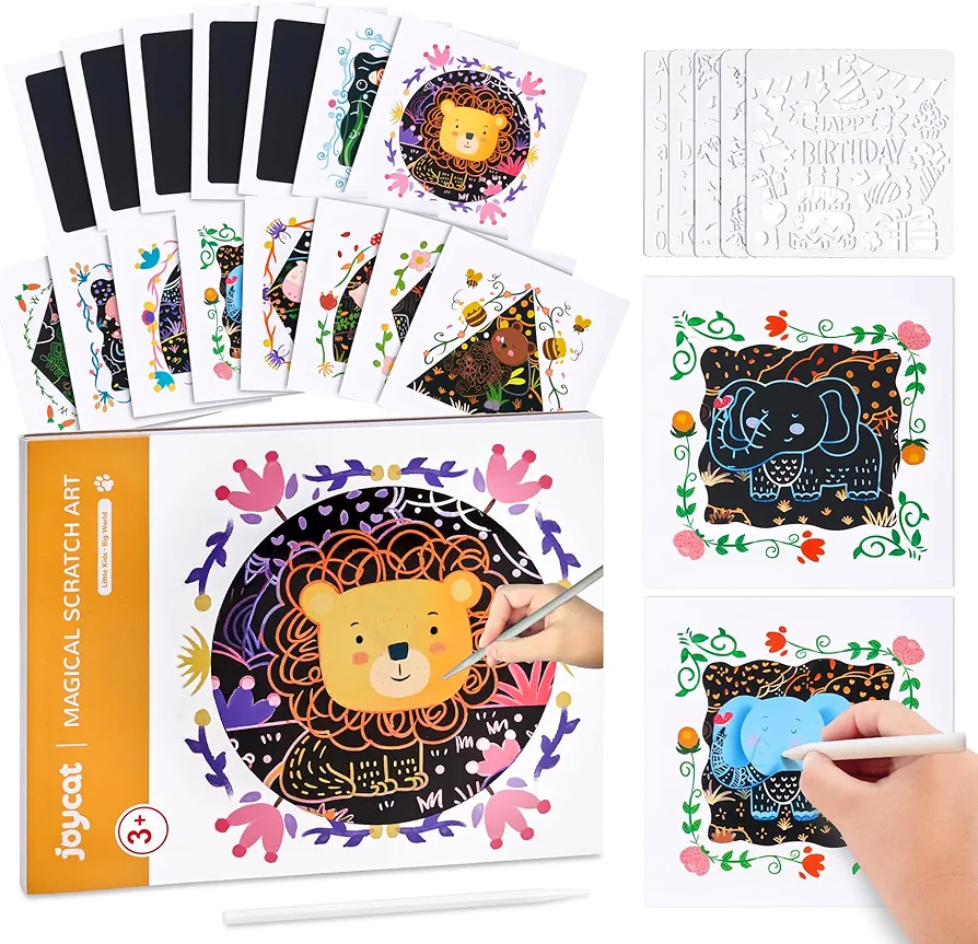 JoyCat Scratch Art for Kids with pre Designs Animals, Art & Crafts Supplies Rainbow Magic Scratch Paper, Black Scratch Paper Party Favors for Toddles Aged 3 4 5 6 7 8 (Animal) (Orange)