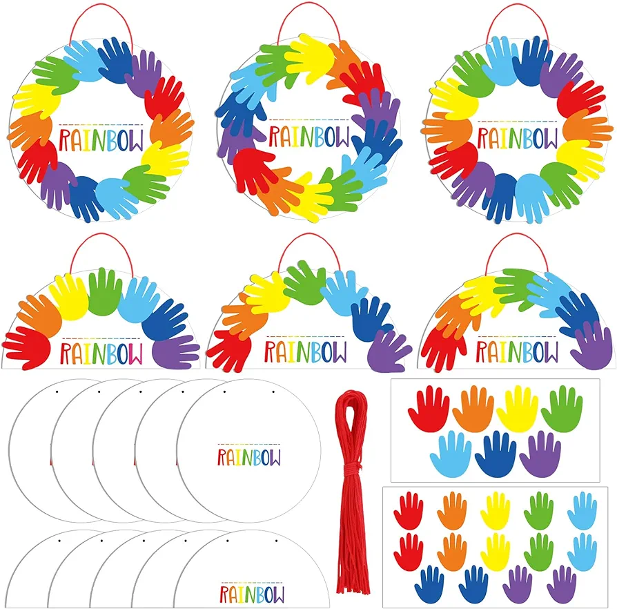 30 Set Rainbow Handprint Sign Craft Kit for Kids, DIY Handprint Rainbow Craft Kit Hanging Handprint Craft Make Your Own Rainbow Craft Kit for Spring School Classroom Activity Art Project
