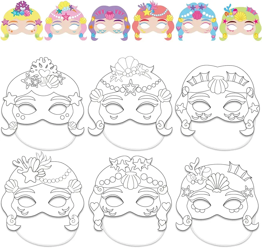 36 PCS Mermaid Crafts Mermaid Party Favors Color Your Own Mermaid Mask DIY Princess Paper Mask Coloring Craft Kits Bulk Mermaid Party Game Supplies for Girls Toddlers Class Home Activity