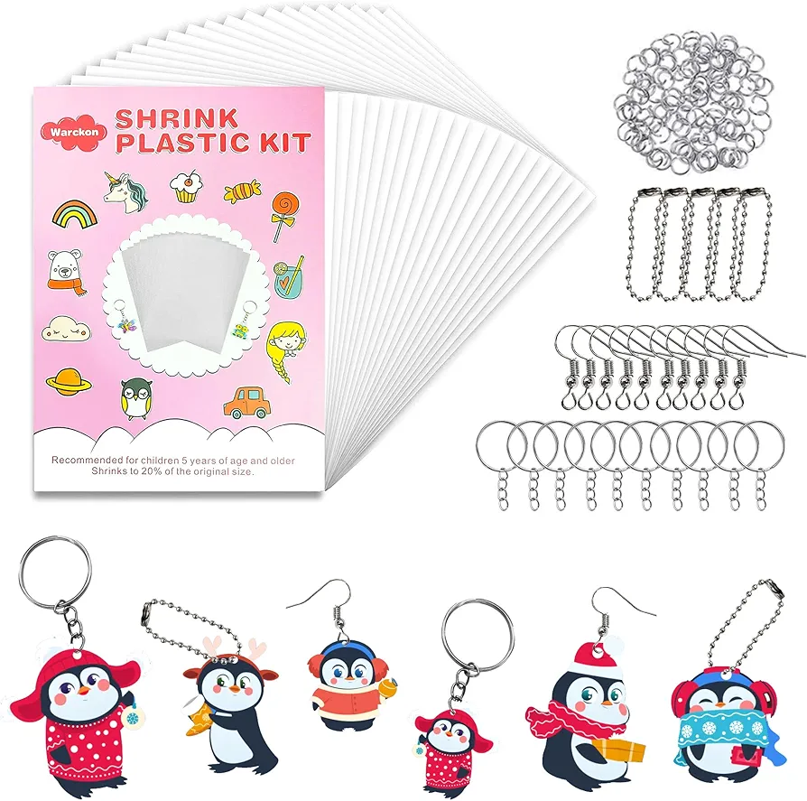 Warckon 137 Pieces Shrink Plastic Sheet Kit, includes 12 PCS Shrinky Art Paper with 125 PCS Keychains Accessories for Kids Creative Craft, 5.82 x 4.13 inch / 14.8 x 10.5 cm (A6 Size)