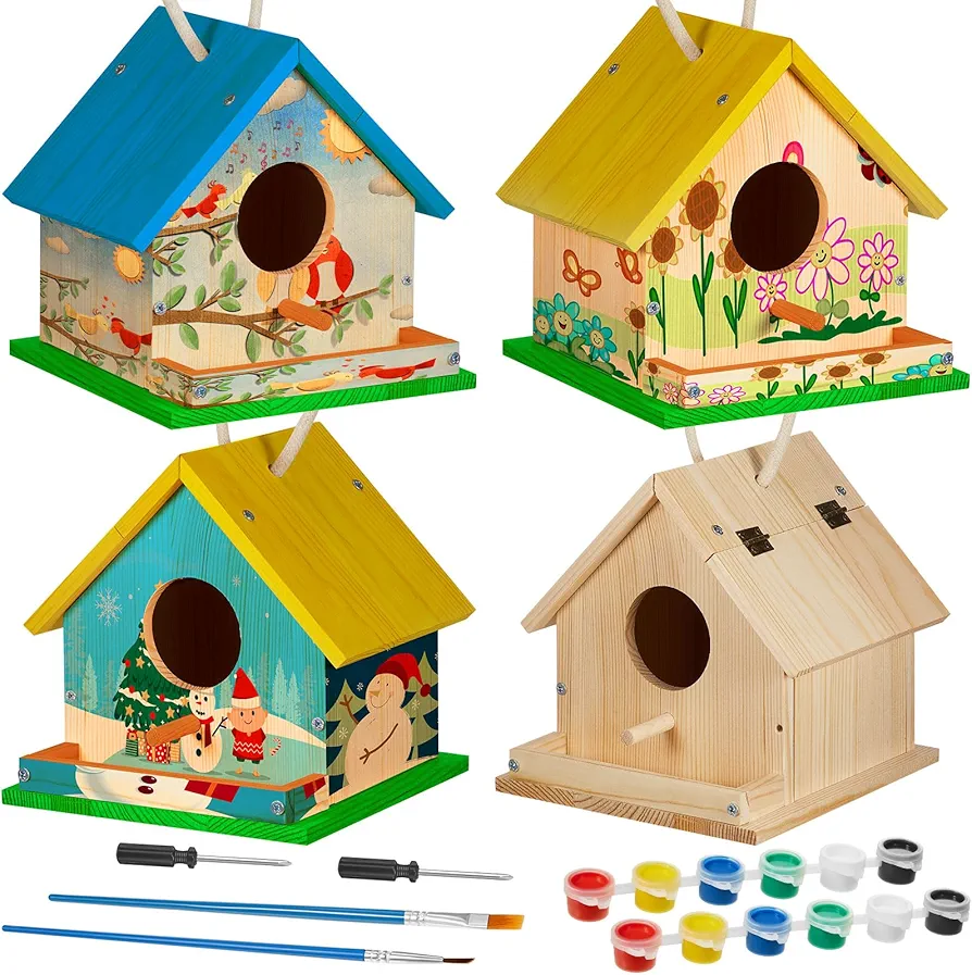 Liliful Wooden DIY Birdhouse Kit for Adults Unfinished Wooden Bird Houses with Paints and Paintbrushes Hanging Woodworking Craft Kit for Boys or Girls Classroom Birthday Craft Activity