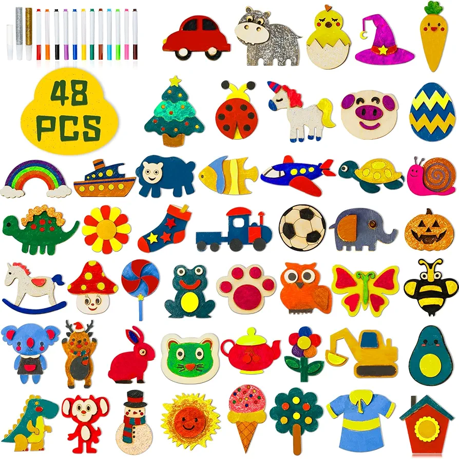 Max Fun 48 Pack DIY Wooden Magnets, Wooden Art Craft for Boys Girls Ages 3-12, Painting Craft Activities Kit, Easter Crafts Gifts Toys for Kids