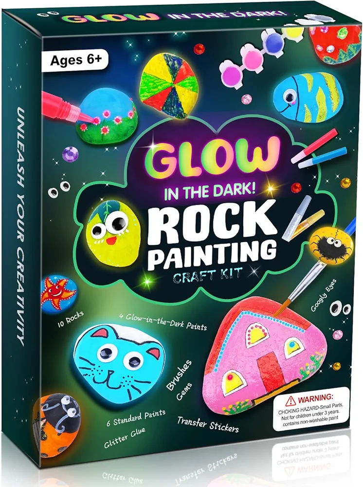 Kids Rock Painting Kit, Arts & Crafts Gifts for Girls and Boys Ages 4-12, Glow in The Dark Kids Activities Kits, Creative Art Paint Gifts Toys for Age 4, 5, 6, 7, 8, 9, 10, 11 & 12