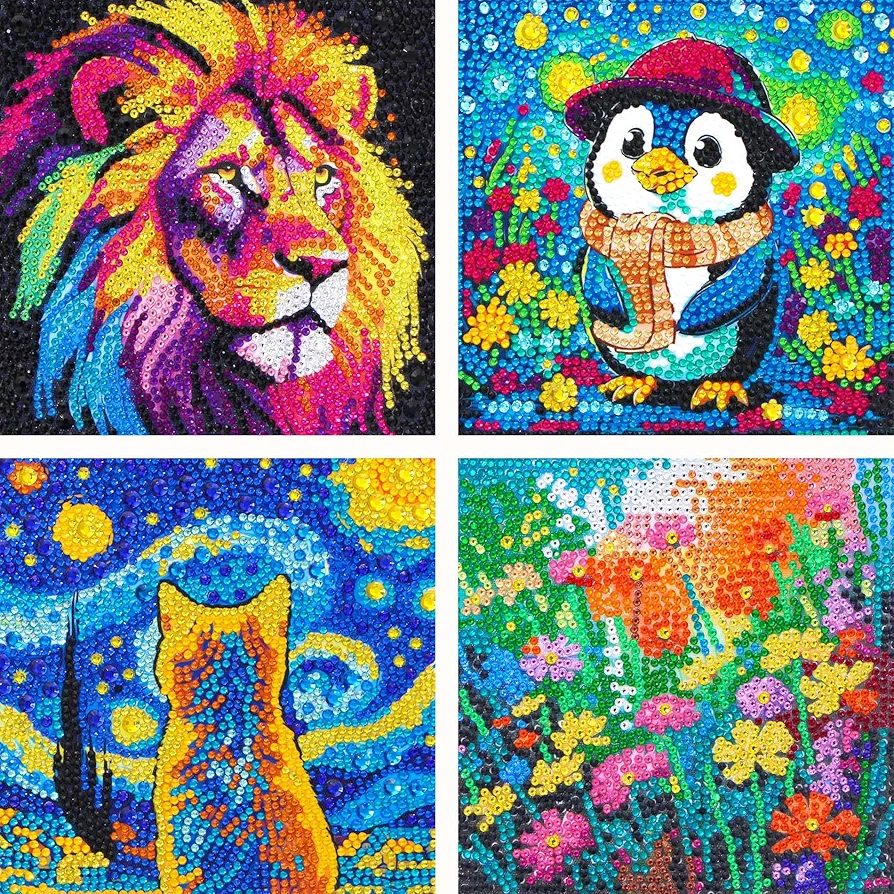 Sloikey Diamond Art Kits for Kids Suit for Kids Ages 6-8-9-12 and Beginners,Diamond Art Gem by Number Kits Arts and Crafts Kits (4PCS) (S-Penguin lion-03)