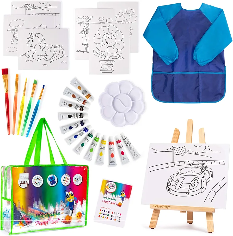 Paint Set for Kids - 27 Piece Art Kit for Girls & Boys Ages 4-10 - Non-Toxic Washable Painting Supplies with Canvases, Brushes Easel Smock & More - Fun & Creative Gift Idea for Children