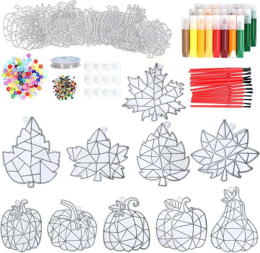 VICAMB 30 Sets Fall DIY Window Art Suncatcher Paint Kit,Autumn Leaf Pumpkin Suncatchers Ornaments Decorations,Paint Your Own Suncatcher Kit for Kids Classroom Thanksgiving Art Project Activity