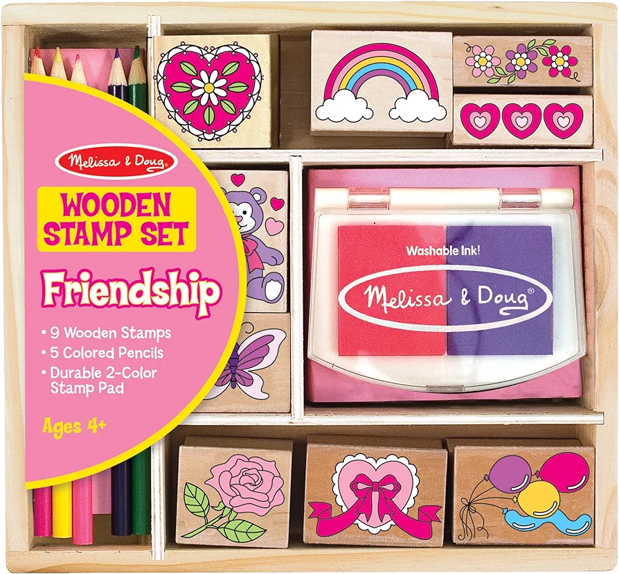 Melissa & Doug Wooden Stamp Set: Friendship - 9 Stamps, 5 Colored Pencils, and 2-Color Stamp Pad - FSC Certified
