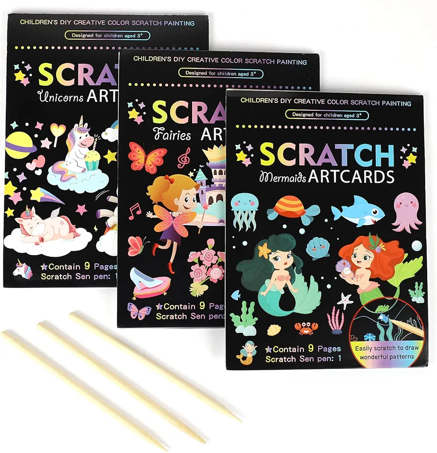 OPUHOHR 3 Set Magic Scratch Paper Art, Colorful Magic Drawing Art Book with 3 Scratch Pen for Birthday Halloween Christmas Party Games Projects Kits (Mermaid/Princess)