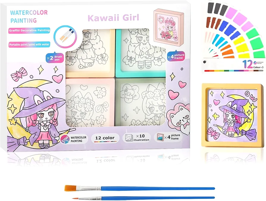 Riomh Watercolor Paint Set for Kids Ages 4-8, Water Color Paint Sets| Mess Free Painting Kits for Kids Coming with 4 Frames, Arts and Crafts for Toddler Painting Activities