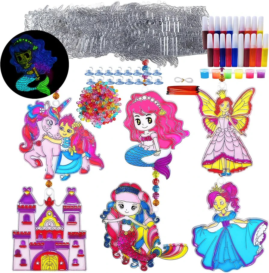 30 Sets Princess Suncatcher Crafts Glow in The Dark DIY Window Paint Art Suncatchers Craft Kits Mermaid Sun Catcher Gifts for Princess Mermaid Party Favors Birthday Party Activities Art Project