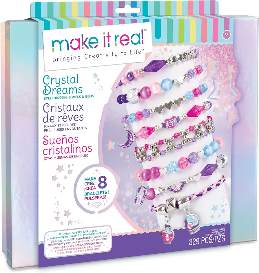 Make It Real - Crystal Dreams: Spellbinding Jewelry & Gems - DIY Charm Bracelet Making Kit - Friendship Bracelet Kit with Beads, Charms & Cord - Arts & Crafts Bead Kit for Girls - Makes 8 Bracelets