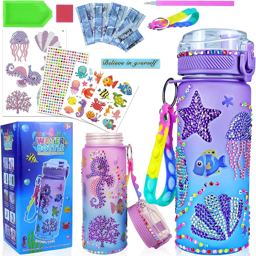 rdwod gift Decorate Your Own Water Bottle Kits for Girls Age 6-8-10-12,Unicorn Gem Painting Crafts,Birthday Gifts for Girls, Arts and Crafts for Kids Ages 6-8