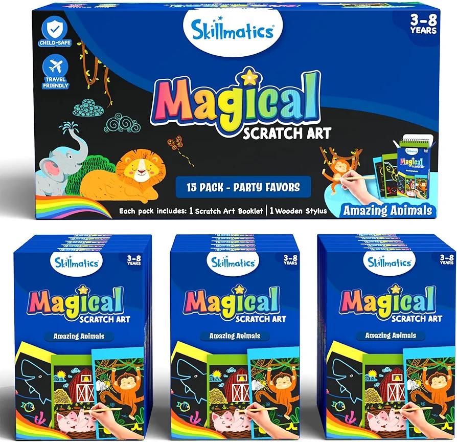 Skillmatics Party Favors (Pack of 15) - Magical Scratch Art Set for Kids, Animals, Goodie Bag, DIY Art & Craft Activity, Gifts for Toddlers, Girls, Boys Ages 3, 4, 5, 6, 7, 8