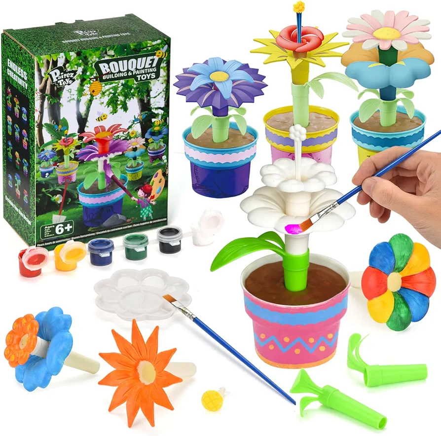 Pairez Toys Flowers Garden Building & Painting Kit, DIY Bouquet Building Set, Build & Paint Plants Toys for Kids, Educational & STEM Learning Toy for Boys & Girls Age 6 7 8 9 10