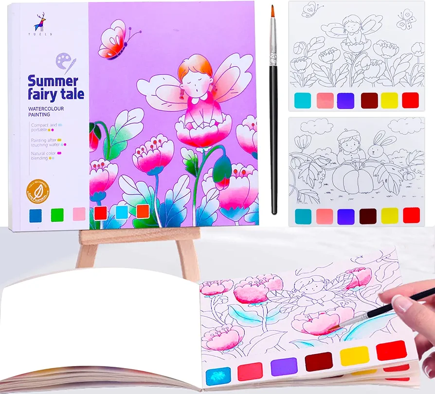 JUNQIU Watercolor Coloring Books for Kids Ages 4-8, Pocket Watercolor Painting Book for Toddlers, Arts and Crafts for Girls Boys, Water Colors Paint Kids