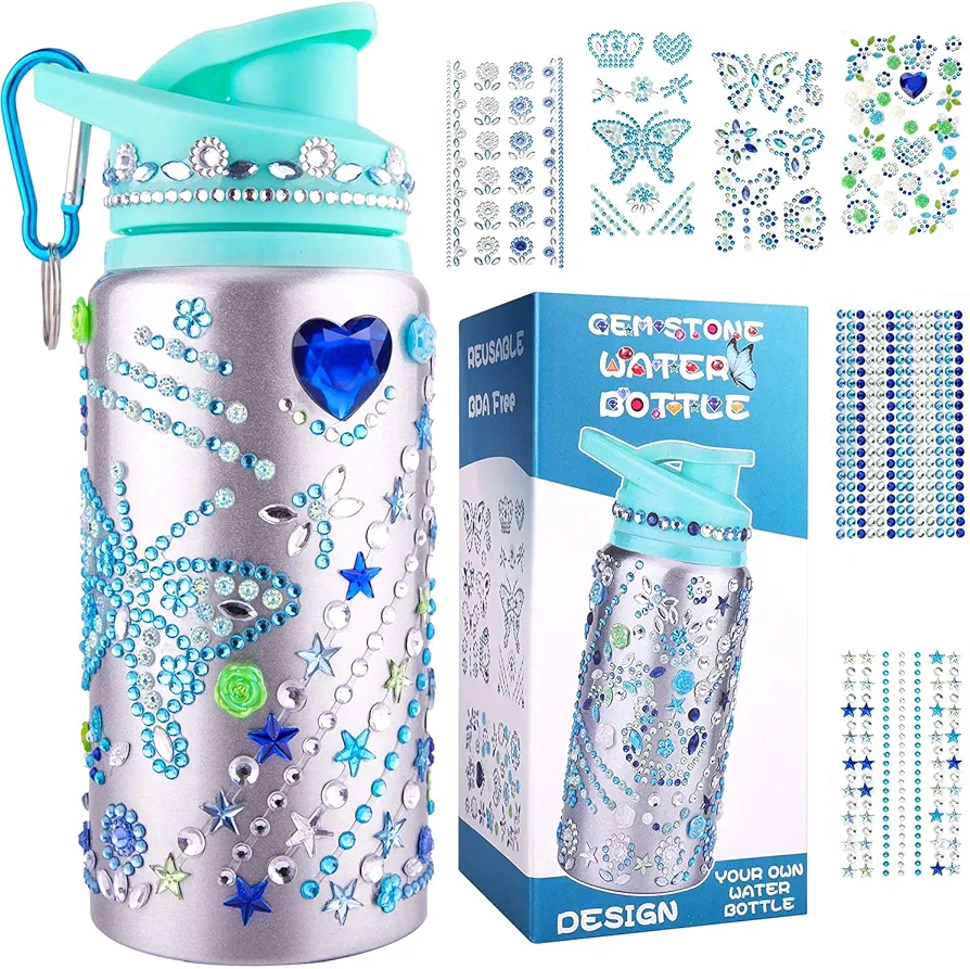Gift for Girl Decorate Personalize Your Own Water Bottles with Gem Art Stickers for Girls Kids Craft Kit Birthday & Easter Basket Stuffers Gifts for Teen Fun DIY Art for Children Ages 8-12 Blue