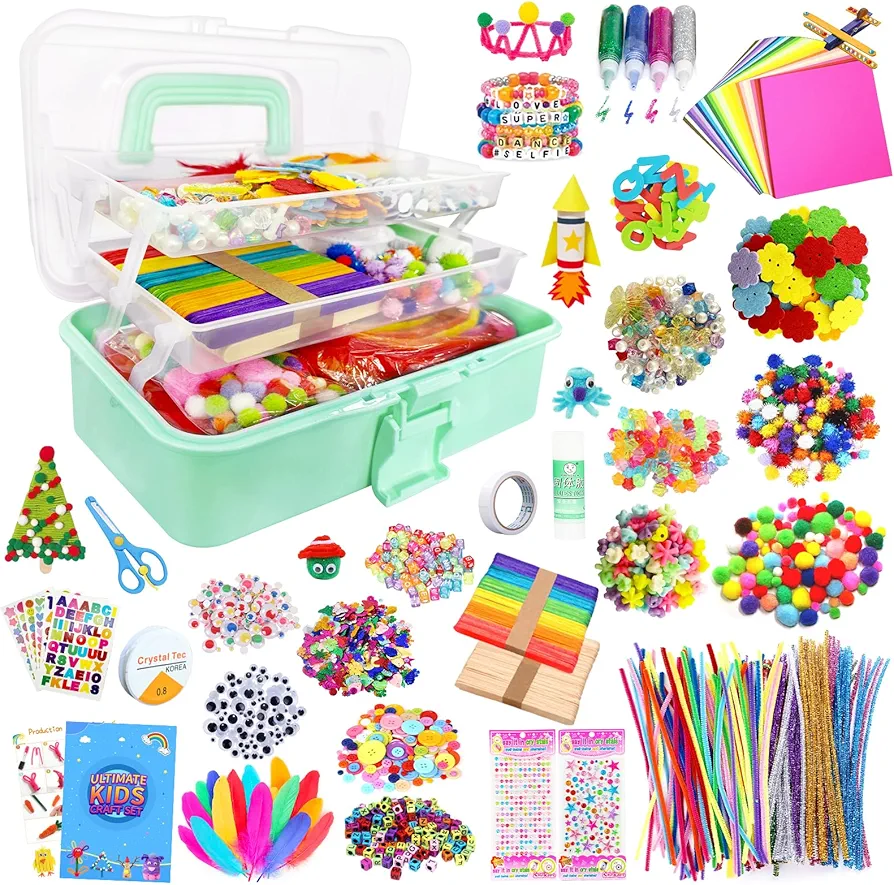 4U4EVER Kids Arts and Crafts Supplies, 2000 Pieces Craft Supplies, DIY Craft Art Supplies Set, Includes Pipe Cleaner, pom-poms, Portable 3-Tier Plastic Art Box, Holiday Gifts for Kids…