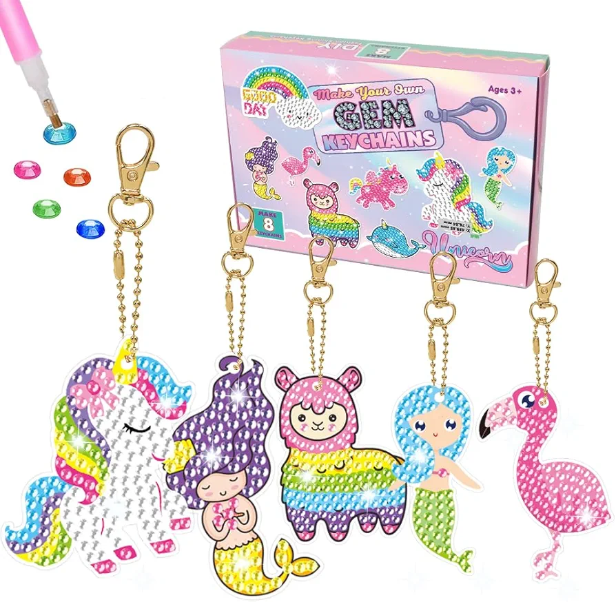 Crafts for Kids, Double Sided Diamond Art Painting Pendant Key Ring Set 8 Pack Make Your Own GEM Unicorn Keychains Painting by Numbers Art Kits Creativity Gifts for Girls Boys Ages 6-8-10-12