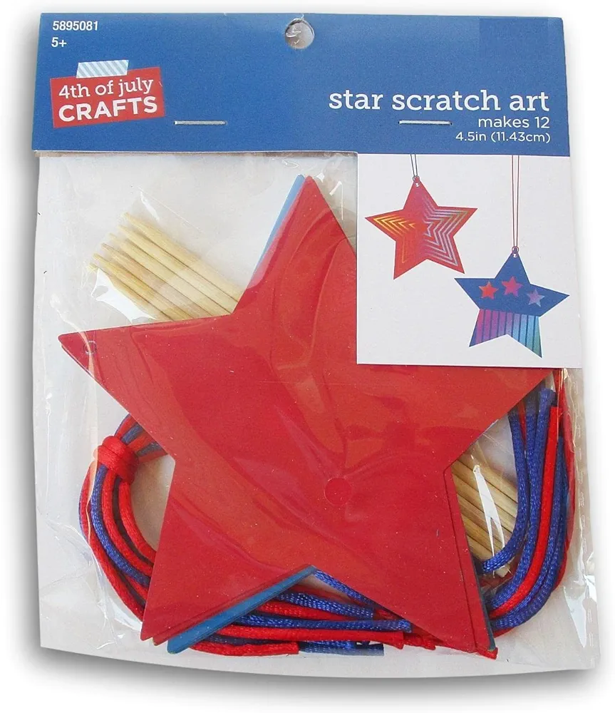 Patriotic Star Scratch Art Craft Kit for 4th of July, Memorial Day, Classroom - Makes 12