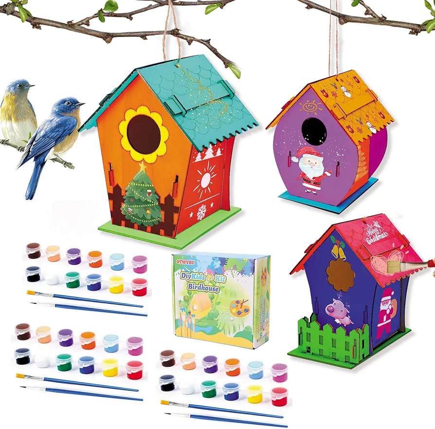 OTWVBU 3 Pack DIY Wooden Birdhouse Kits, Arts and Crafts Painting Kits for Kids, Includes Unfinished Wooden Bird House, Paints, Brushes, Creative Gifts for Age 4-8 Years Old Children Boys & Girls
