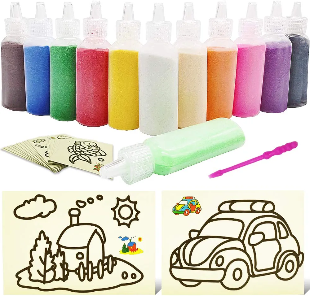 Zddaoole 32 PCS Art Sand Kits,12 Color Art Sand kit Scenic Sand with 20 Sheets Sand Art Painting Cards Set,DIY Sand Arts and Crafts Kit,1.25oz Bottles