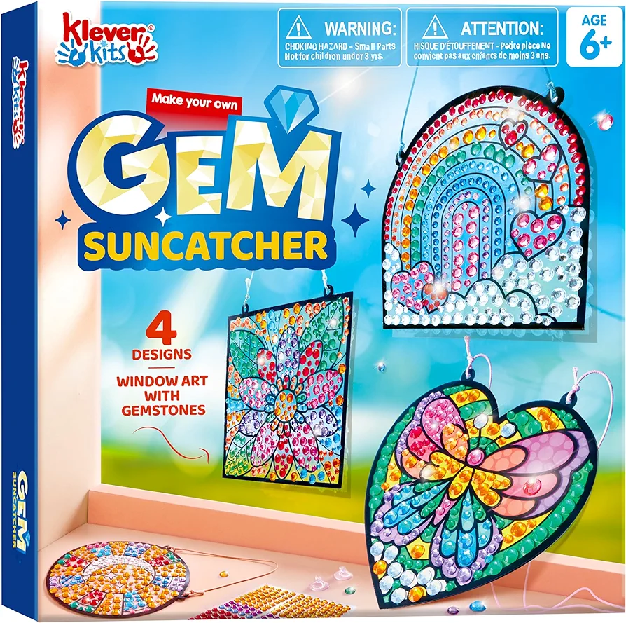 Klever Kits 4PCS Window Art Suncatcher Kits, Fun Gem Painting Kits, Diamond Art and Crafts for Boys Girls, Great Crafts Gift for Kids Birthdays Christmas Ages 6, 7, 8
