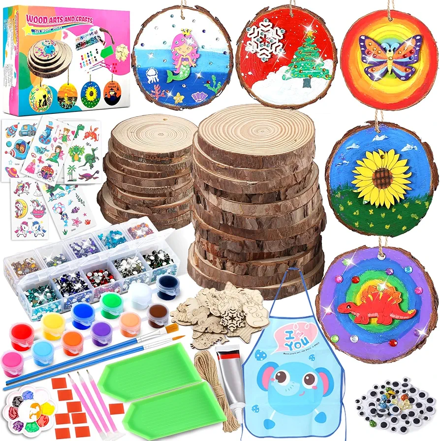 LATEEFAH Wooden Arts and Crafts Kits for Kids Ages 8-12, 24 Wood Slices with Diamond, DIY Creative Art Toys for Girls Boys, Arts&Crafts Activities Gifts for 6 7 8 9 10 11 12 Year Old Girls