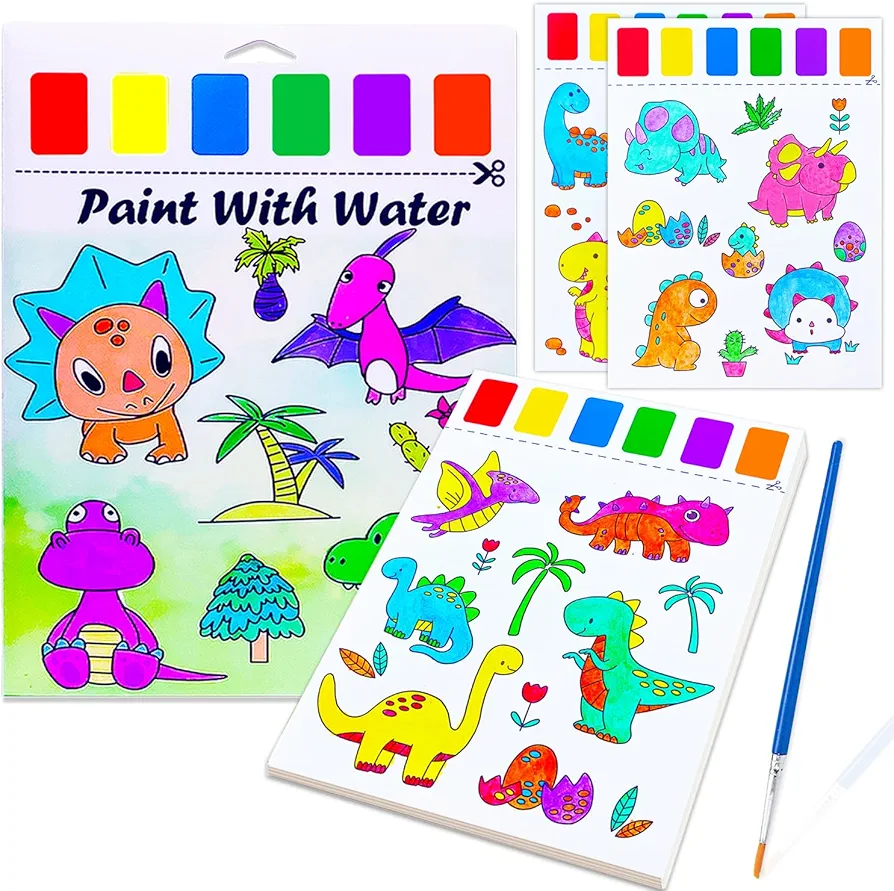Paint With Water Books for Kids, Watercolor Painting Coloring Books for Toddlers, Mess Free Watercolor Painting Kit, Art Craft Kits for Girls Boys Drawing with Brush, Dinosaurs