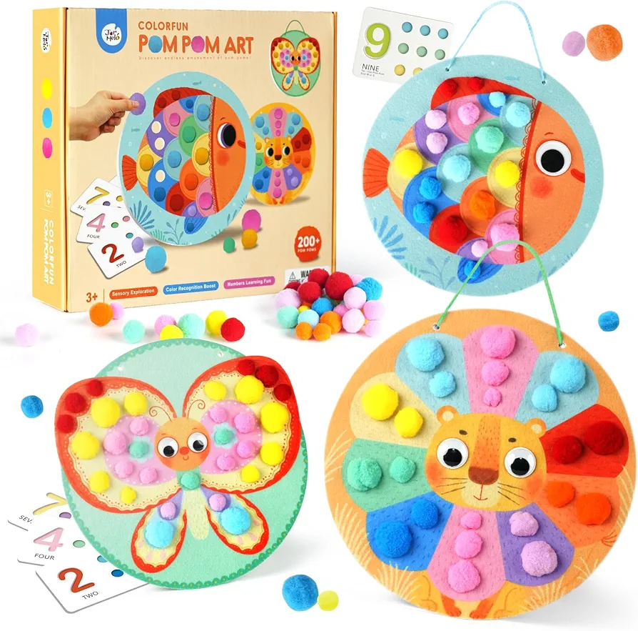 Jar Melo Pom Poms Toddler Crafts for Preschool Learning Activities, Sensory Art Supplies for Fine Motor Skills & Color & Numbers & Size Education Kids Gifts for Boys and Easter Girls Ages 2,3,4,5,6