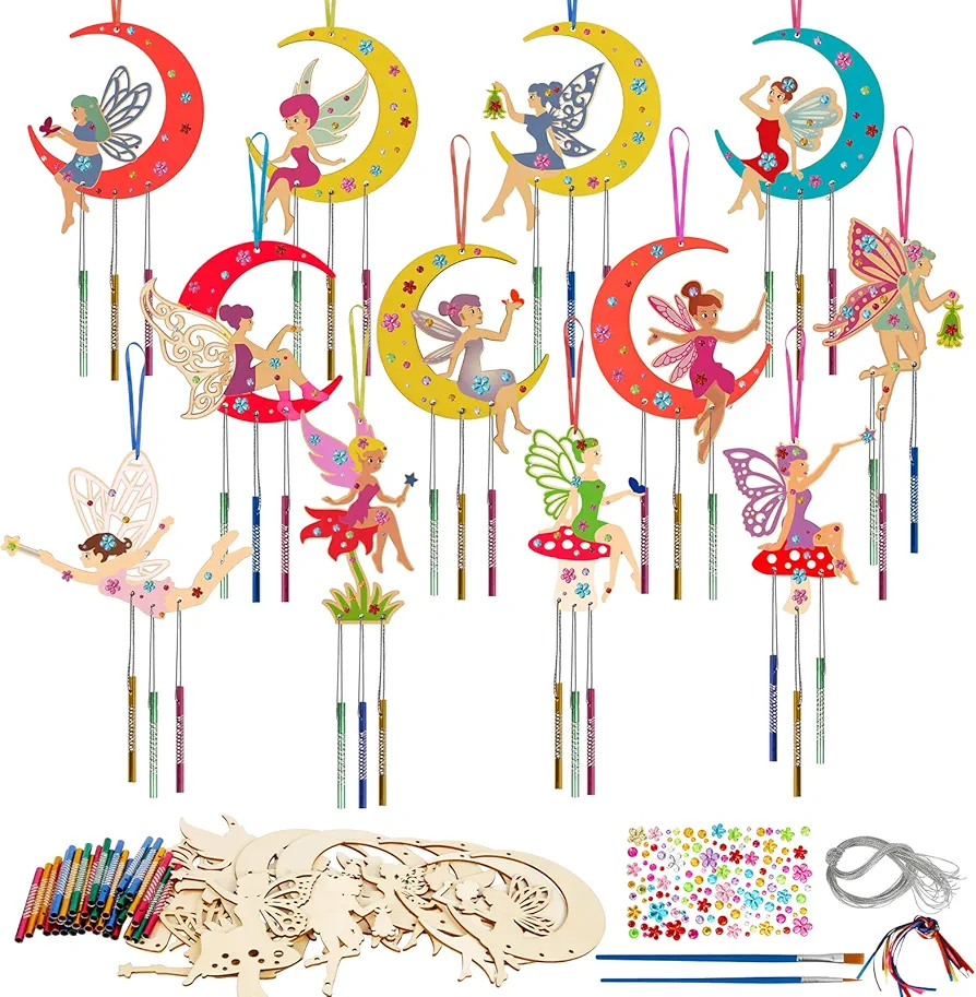 12 Pack Wind Chime Kit for Kids,Fairy Elves Craft Kits DIY Fairy Wind Chime Unfinished Wooden Fairytale Craft Ornaments for Boys Girls Activity Art Project Decor