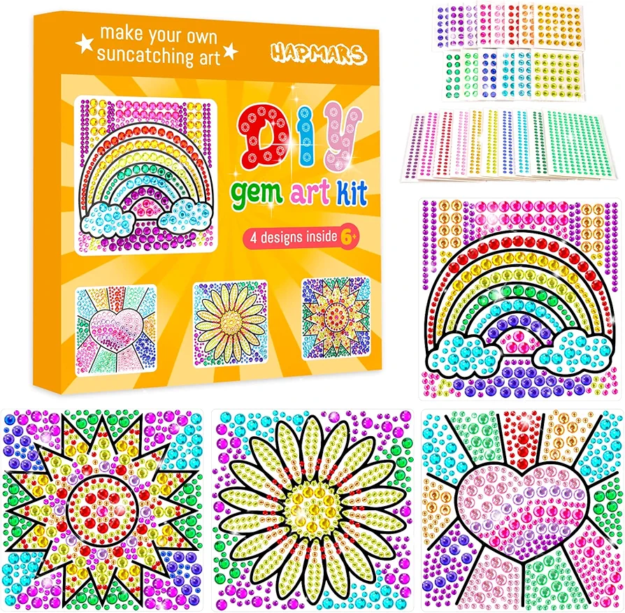 HAPMARS 4 pcs Window Art Suncatcher Kits for Kids Crafts Ages 6-8, Fun Arts and Crafts for Girls Ages 8-12, Creative Activity DIY Toys, Birthday Gifts for 7 Year Old Girl(Rainbow)