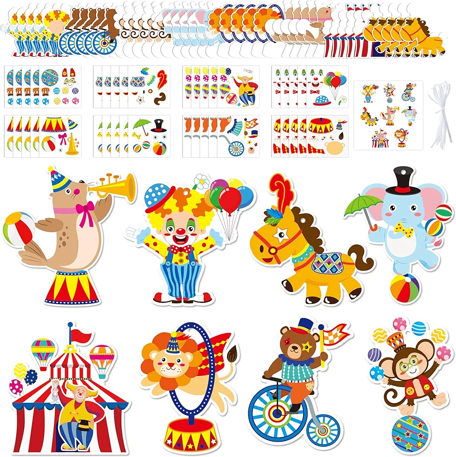 3sscha 40 Packs Circus Carnival Craft Kit for Kids - Make Your Own Circus Card Bulk Set DIY Self-Adhesive Sticker Clown Animal Juggling Handmade Art Project Decor Classroom Activity Gift Party Favor