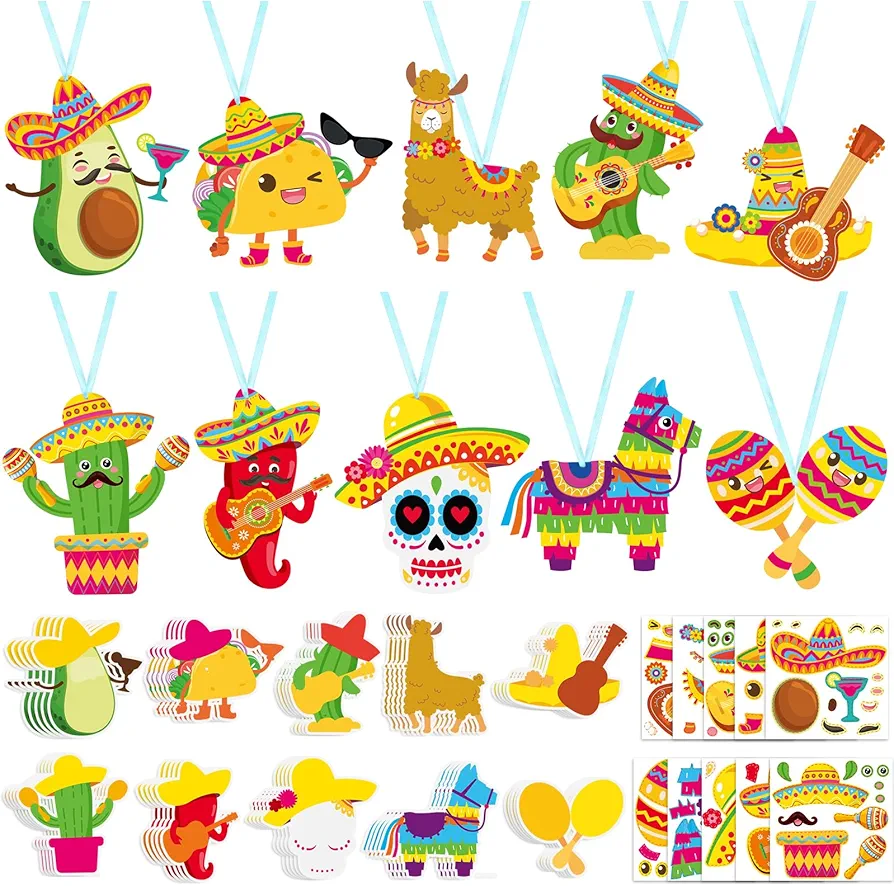 50 Pcs Fiesta Craft Kits for Kids Cinco De Mayo Arts and Crafts DIY Cactus Taco Sticker Ornament Make Your Own Mexican Craft Projects for Carnivals Taco Tuesday Home Classroom Holiday Party