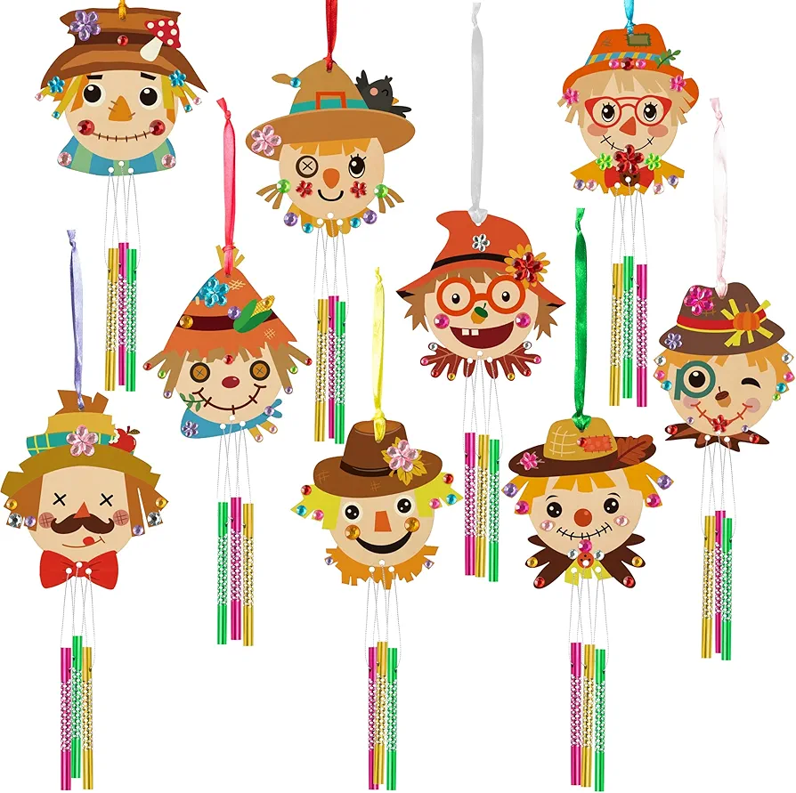 OSNIE Fall Scarecrow Wind Chime - 9Pcs Make You Own Wooden Ornaments Autumn Craft Kits for Wall Hanging Home Art Decor DIY Gifts Fun Festive for Outside,Terrace,Patio,Porch,Garden,Backyard Decoration