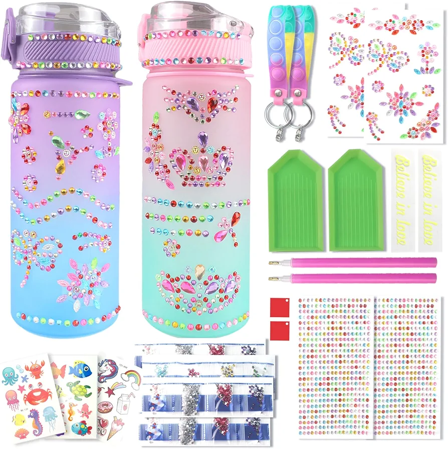 SanerDirect Birthday Gift for Girl, Decorate Your Own Water Bottle Kits for Daughter Niece, DIY Diamond Art Bottle for Girls Age 5 6 7 8 9 10-12, Kids Party Favors, 2-Pack
