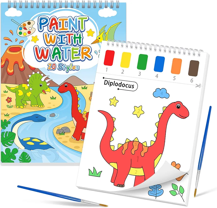SOCOLER Paint with Water Coloring Books for Toddlers, Dinosaur Mess Free Watercolor Painting Papers for Kids Water Color Paint Kit with 2 Brushes Art Craft Birthday Gift for Ages 1-3, 4-8
